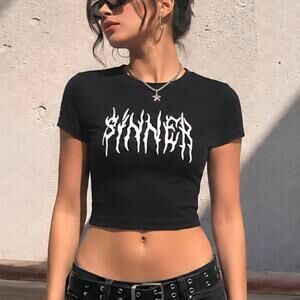 3158 Sinner Graphic Baby Tee Black Y2K Goth Grunge Emo Cropped Top